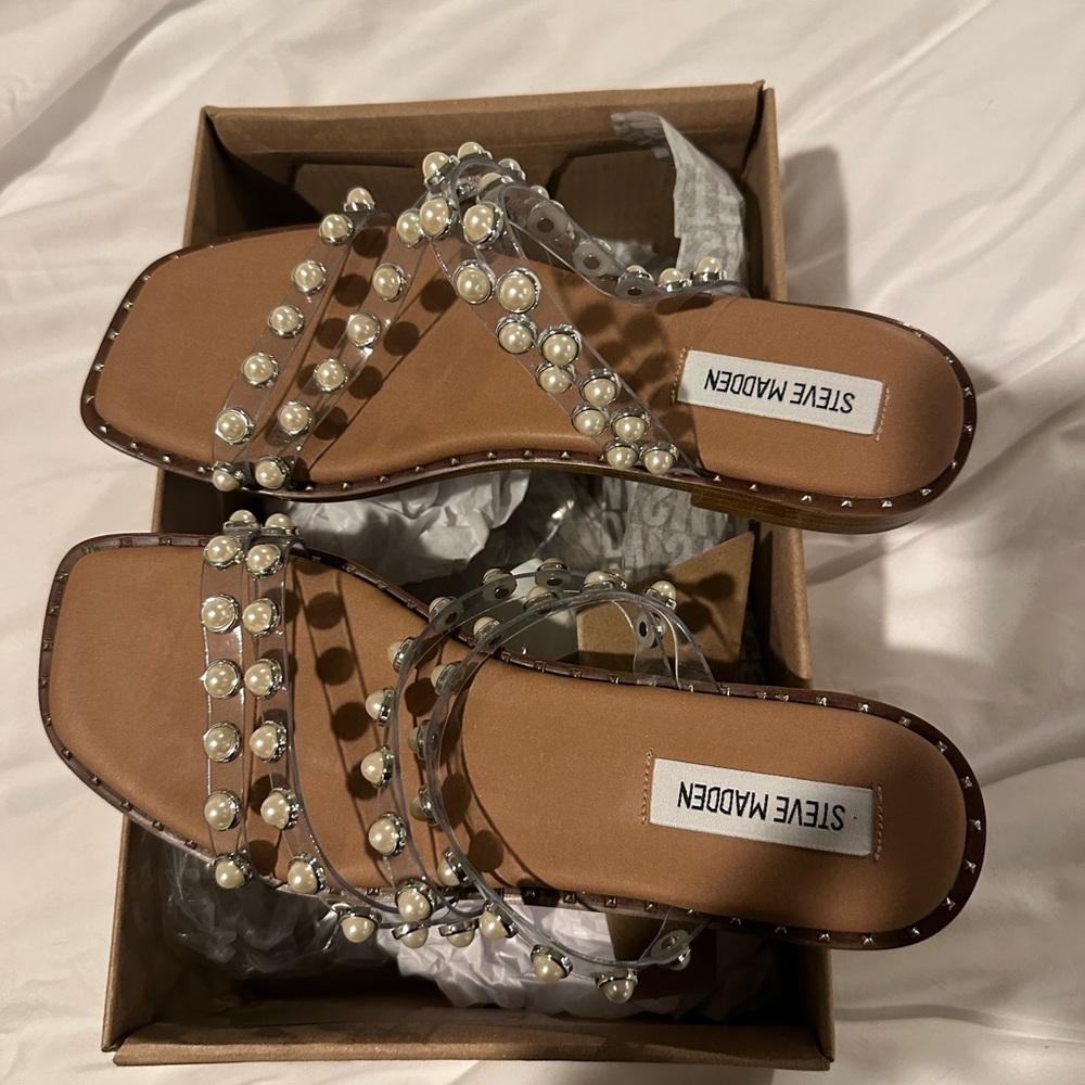 Steve Madden Tan Sandals with Pearl Accents